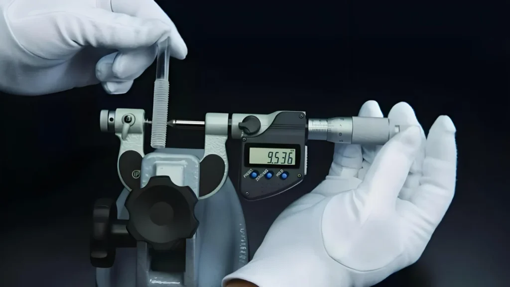 Precision measurement of a clear PMMA component with a micrometer, ensuring tight tolerances and quality in our CNC machining process.